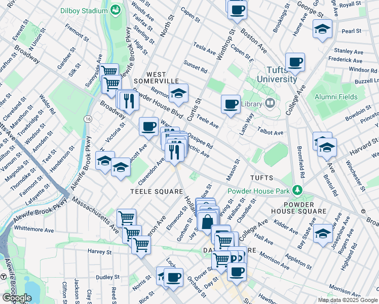 map of restaurants, bars, coffee shops, grocery stores, and more near 22 Lovell Street in Somerville