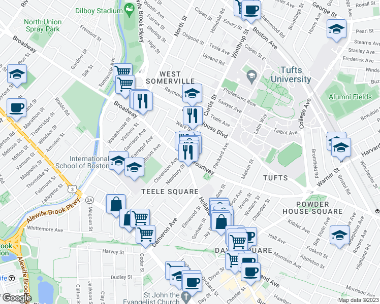 map of restaurants, bars, coffee shops, grocery stores, and more near 5 Curtis Street in Somerville