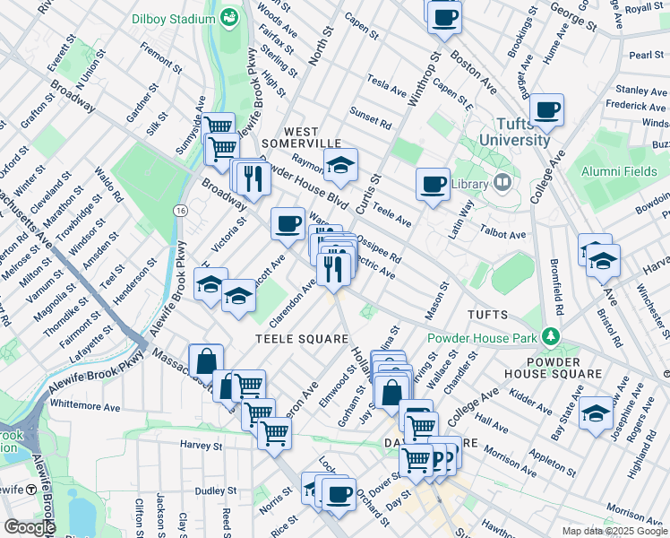 map of restaurants, bars, coffee shops, grocery stores, and more near 5 Curtis Street in Somerville