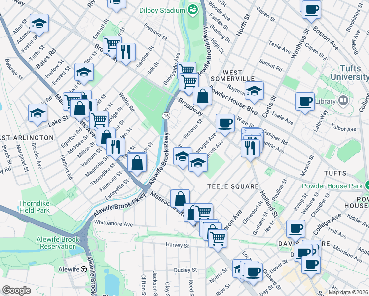 map of restaurants, bars, coffee shops, grocery stores, and more near 84 Hooker Avenue in Somerville