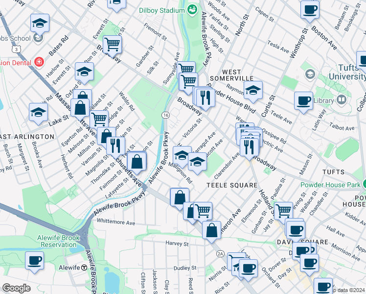 map of restaurants, bars, coffee shops, grocery stores, and more near 84 Hooker Avenue in Somerville