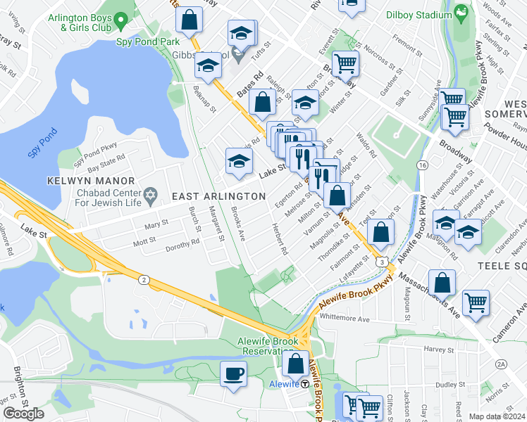 map of restaurants, bars, coffee shops, grocery stores, and more near in Arlington
