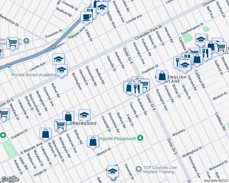 map of restaurants, bars, coffee shops, grocery stores, and more near 5091 3 Mile Drive in Detroit