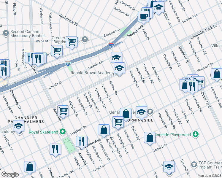 map of restaurants, bars, coffee shops, grocery stores, and more near 5542 Somerset Avenue in Detroit