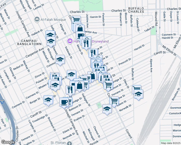map of restaurants, bars, coffee shops, grocery stores, and more near 11417 Moran Street in Hamtramck