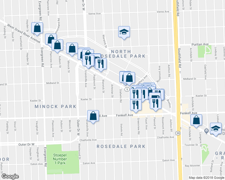 map of restaurants, bars, coffee shops, grocery stores, and more near 15454 Artesian Street in Detroit