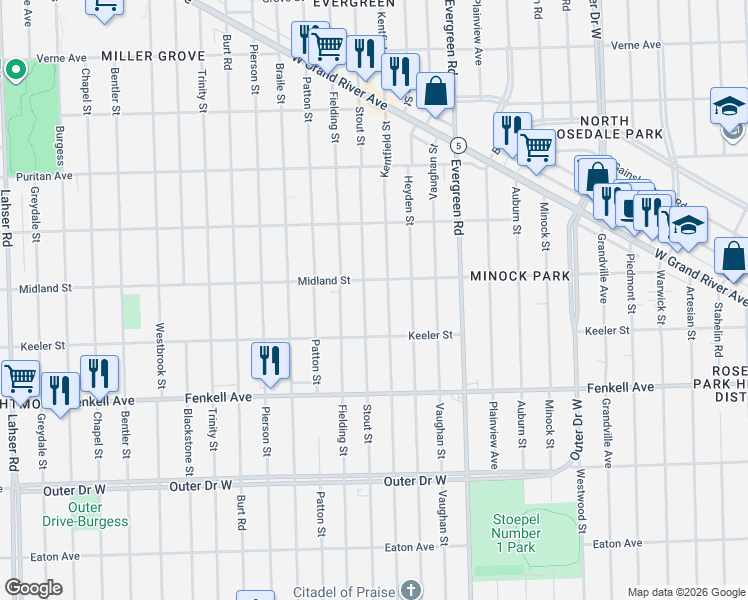 map of restaurants, bars, coffee shops, grocery stores, and more near 15469 Kentfield Street in Detroit