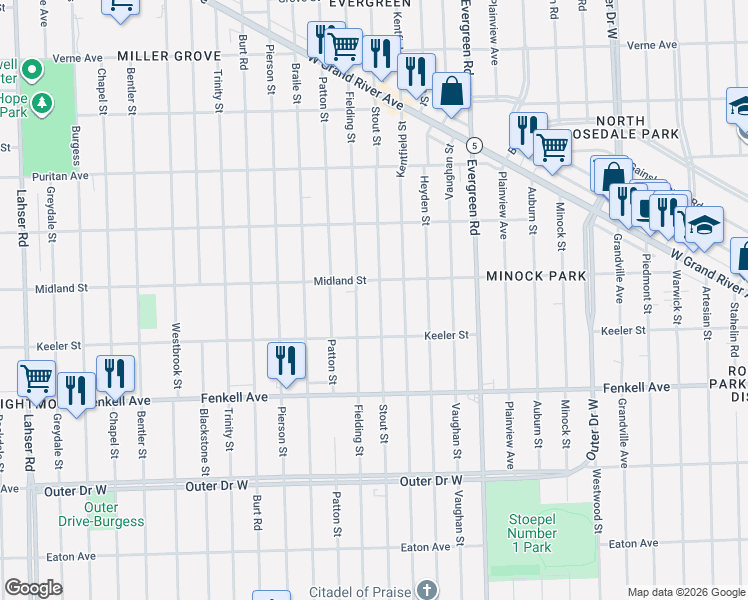 map of restaurants, bars, coffee shops, grocery stores, and more near 15476 Fielding Street in Detroit