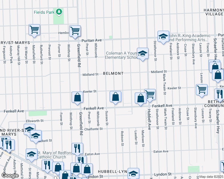 map of restaurants, bars, coffee shops, grocery stores, and more near 15403 Coyle Street in Detroit