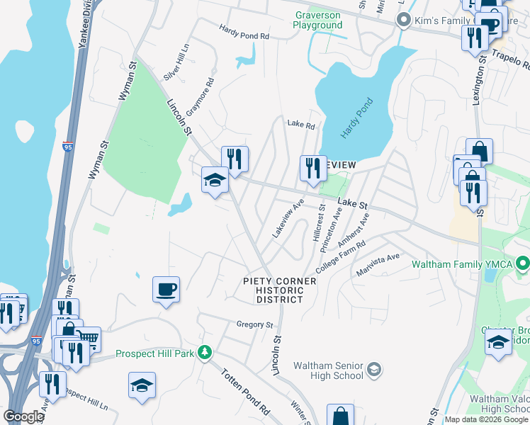 map of restaurants, bars, coffee shops, grocery stores, and more near 42 Seminole Avenue in Waltham