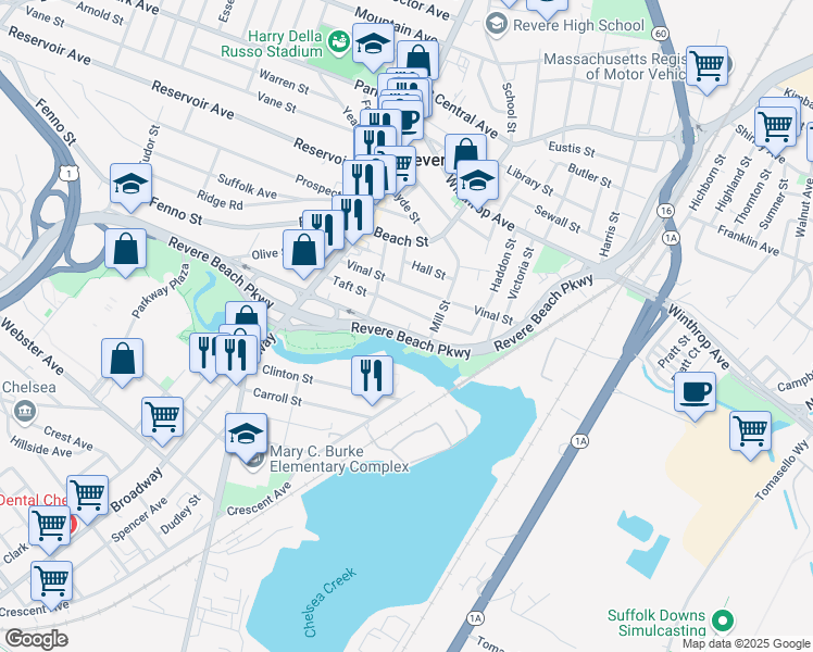 map of restaurants, bars, coffee shops, grocery stores, and more near 783 Revere Beach Parkway in Revere