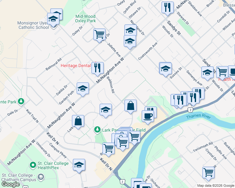 map of restaurants, bars, coffee shops, grocery stores, and more near 272 Baldoon Road in Chatham