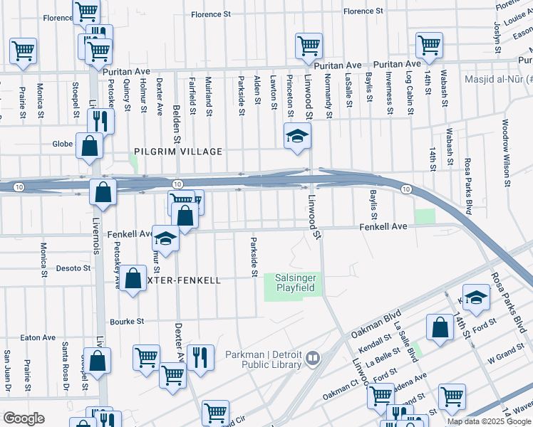 map of restaurants, bars, coffee shops, grocery stores, and more near 15340 Alden Street in Detroit