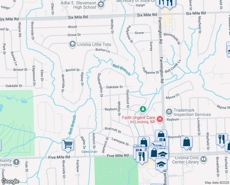 map of restaurants, bars, coffee shops, grocery stores, and more near 34030 North Hampshire in Livonia