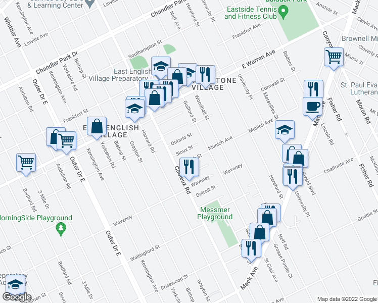map of restaurants, bars, coffee shops, grocery stores, and more near 17174 Sioux Street in Detroit