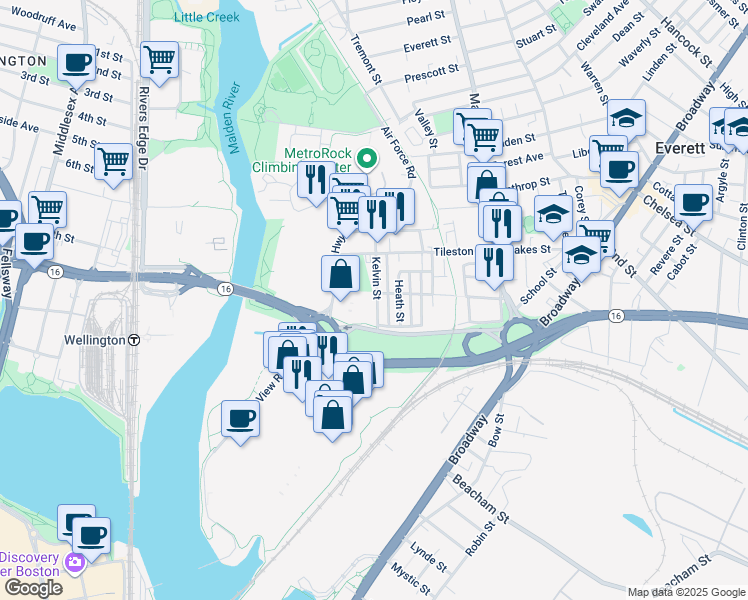 map of restaurants, bars, coffee shops, grocery stores, and more near 78 Wellington Avenue in Everett
