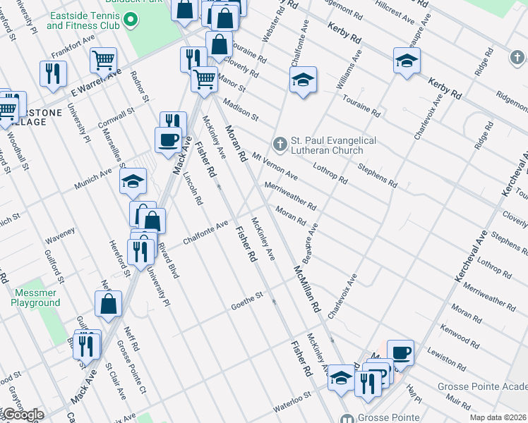 map of restaurants, bars, coffee shops, grocery stores, and more near 380 Mc Kinley Avenue in Grosse Pointe Farms