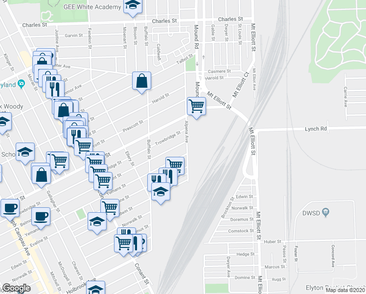 map of restaurants, bars, coffee shops, grocery stores, and more near 5240 Belmont Street in Hamtramck