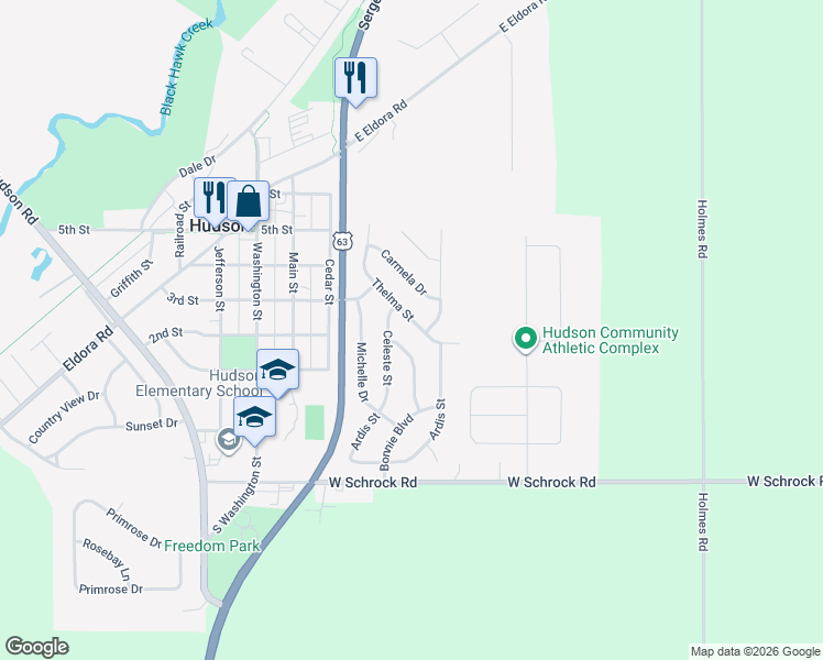 map of restaurants, bars, coffee shops, grocery stores, and more near 306 Thelma Street in Hudson