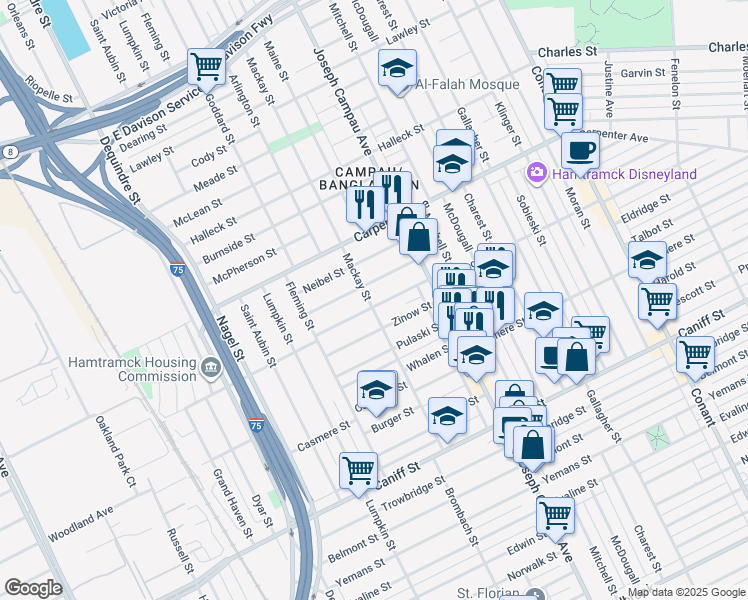 map of restaurants, bars, coffee shops, grocery stores, and more near 2603 Commor Avenue in Hamtramck