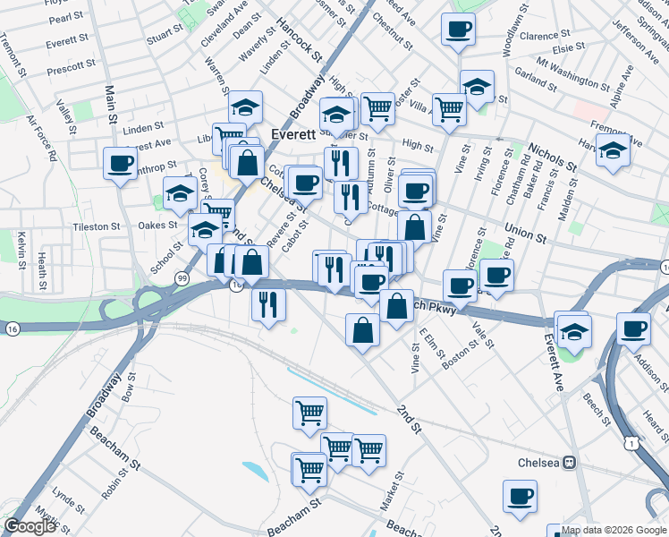 map of restaurants, bars, coffee shops, grocery stores, and more near 42A Spring Street in Everett