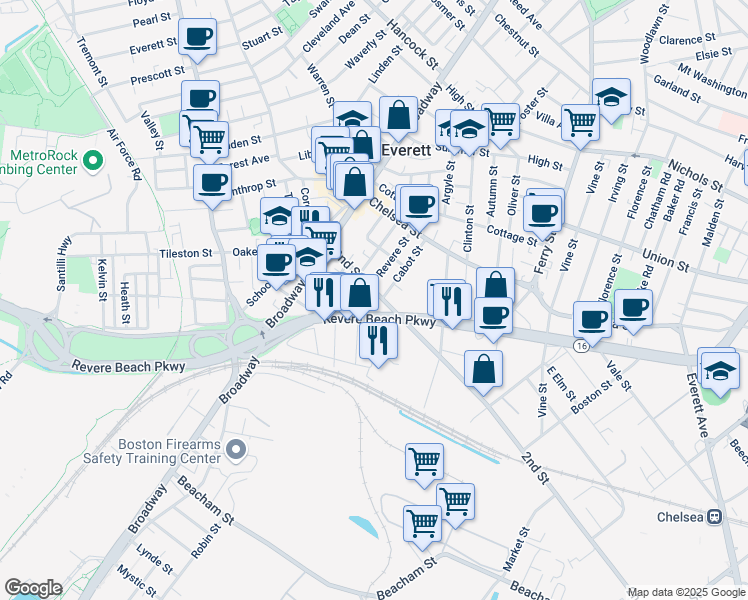 map of restaurants, bars, coffee shops, grocery stores, and more near 70 Revere Street in Everett