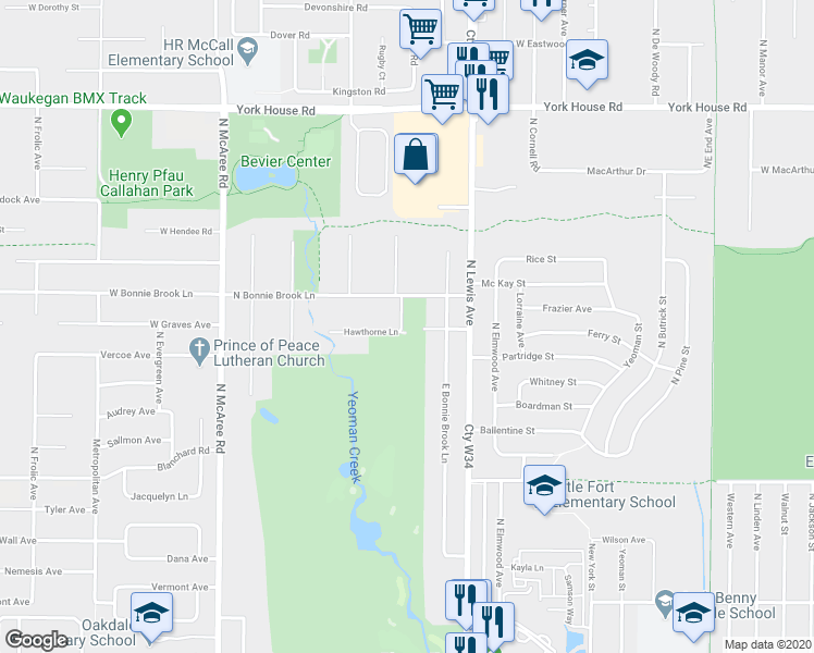 map of restaurants, bars, coffee shops, grocery stores, and more near 2816 East Bonnie Brook Lane in Waukegan