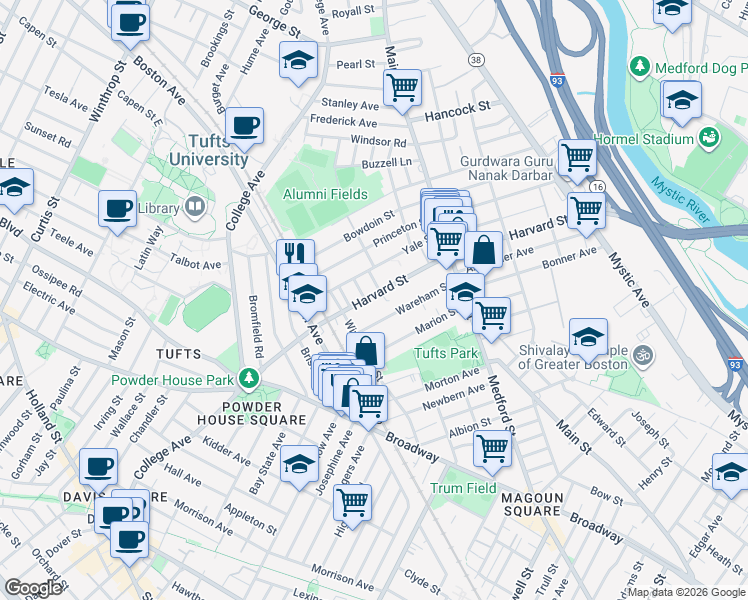 map of restaurants, bars, coffee shops, grocery stores, and more near 252 Harvard Street in Medford