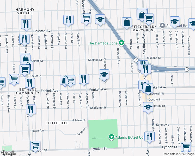 map of restaurants, bars, coffee shops, grocery stores, and more near 15369 Monte Vista Street in Detroit