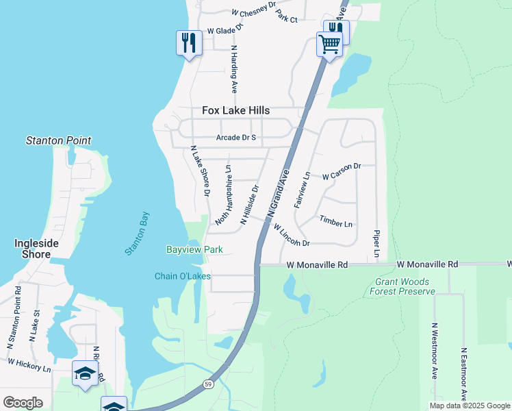 map of restaurants, bars, coffee shops, grocery stores, and more near 37171 North Hillside Drive in Lake Villa