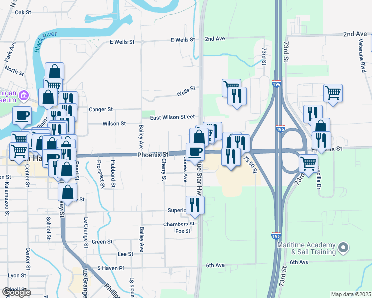 map of restaurants, bars, coffee shops, grocery stores, and more near 1051 Phoenix Street in South Haven