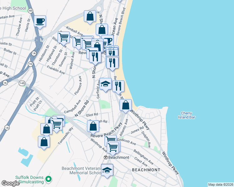 map of restaurants, bars, coffee shops, grocery stores, and more near 21 Revere Beach Boulevard in Revere