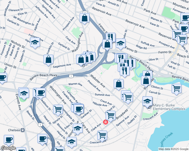 map of restaurants, bars, coffee shops, grocery stores, and more near 217 Webster Avenue in Chelsea
