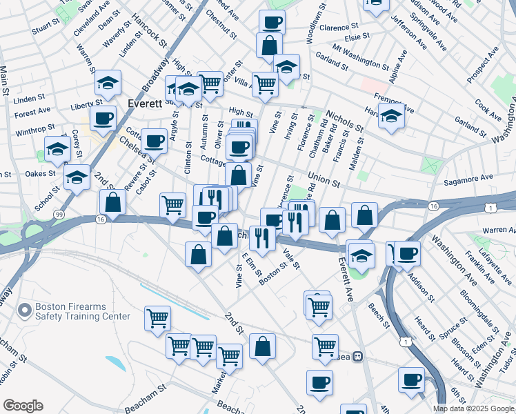 map of restaurants, bars, coffee shops, grocery stores, and more near 9 Irving Street in Everett