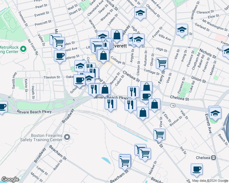 map of restaurants, bars, coffee shops, grocery stores, and more near 70 Revere Street in Everett