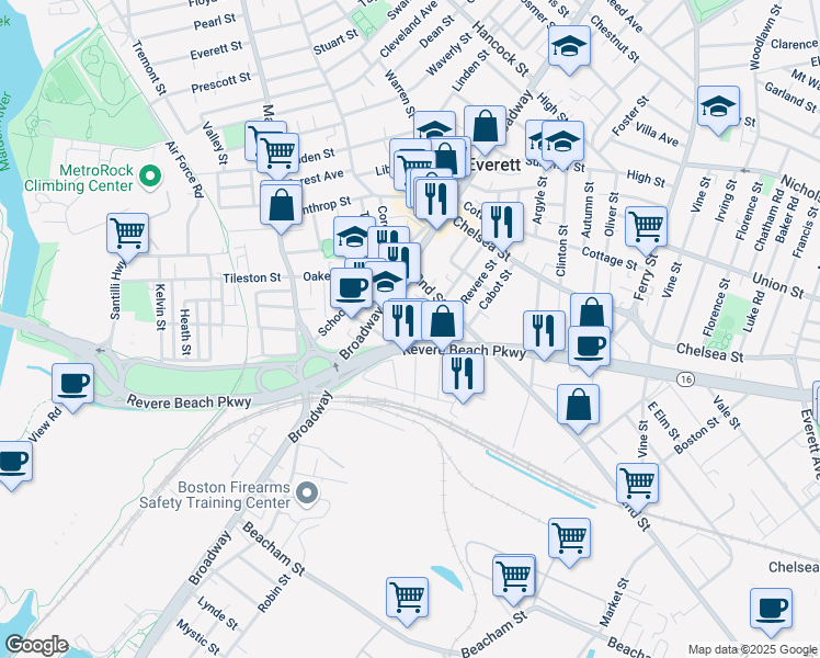 map of restaurants, bars, coffee shops, grocery stores, and more near 40 Lewis Street in Everett