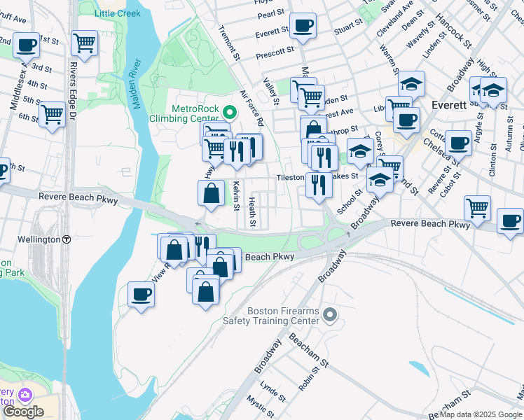 map of restaurants, bars, coffee shops, grocery stores, and more near 19 Heath Street in Everett