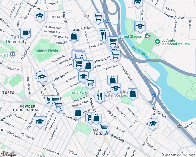 map of restaurants, bars, coffee shops, grocery stores, and more near 4 Congress Avenue in Medford