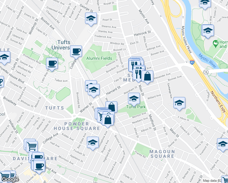 map of restaurants, bars, coffee shops, grocery stores, and more near 53 Wareham Street in Medford