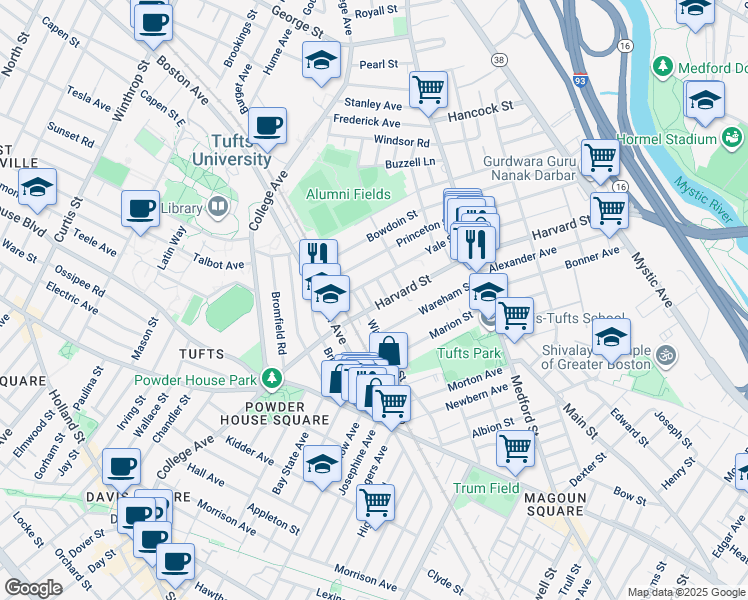 map of restaurants, bars, coffee shops, grocery stores, and more near 1 Berwick Road in Medford