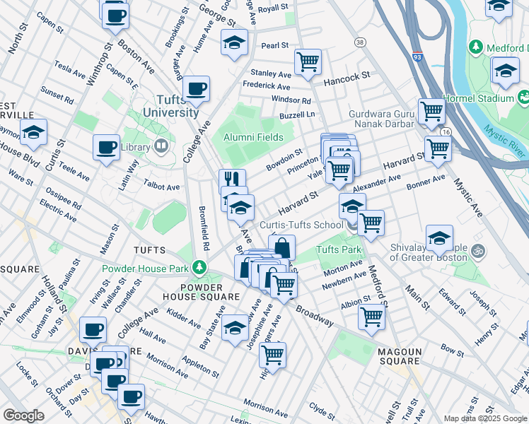 map of restaurants, bars, coffee shops, grocery stores, and more near 1 Berwick Road in Medford