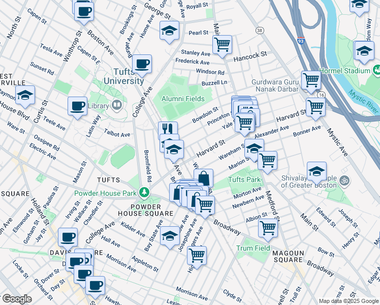map of restaurants, bars, coffee shops, grocery stores, and more near 1 Berwick Road in Medford