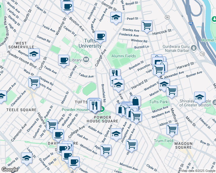 map of restaurants, bars, coffee shops, grocery stores, and more near 19 Saint Clements Road in Medford
