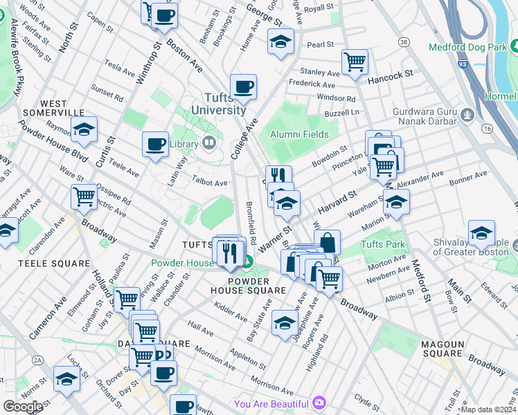 map of restaurants, bars, coffee shops, grocery stores, and more near 66 Bromfield Road in Somerville