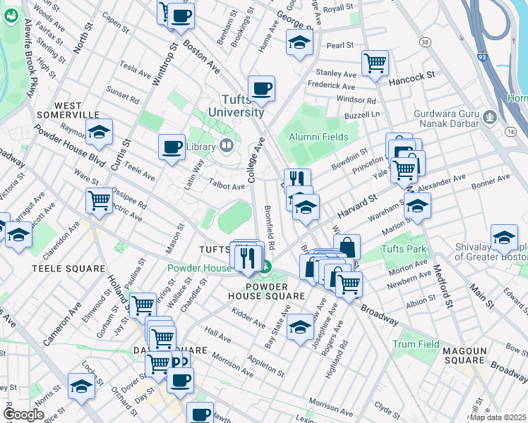 map of restaurants, bars, coffee shops, grocery stores, and more near 66 Bromfield Road in Somerville