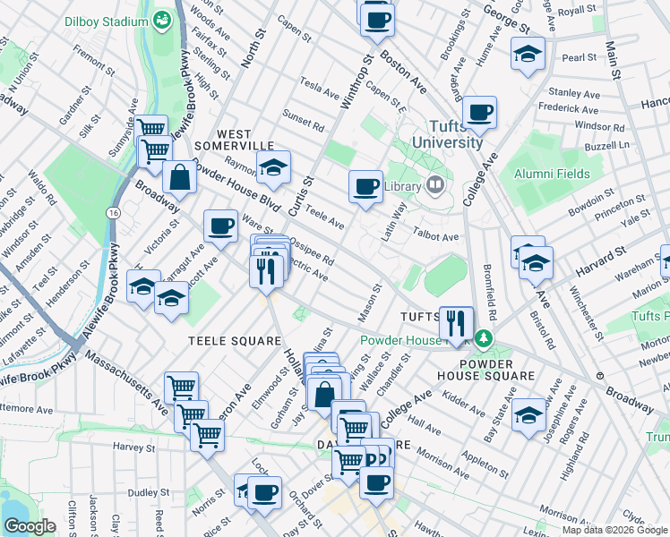 map of restaurants, bars, coffee shops, grocery stores, and more near 35 Packard Avenue in Somerville