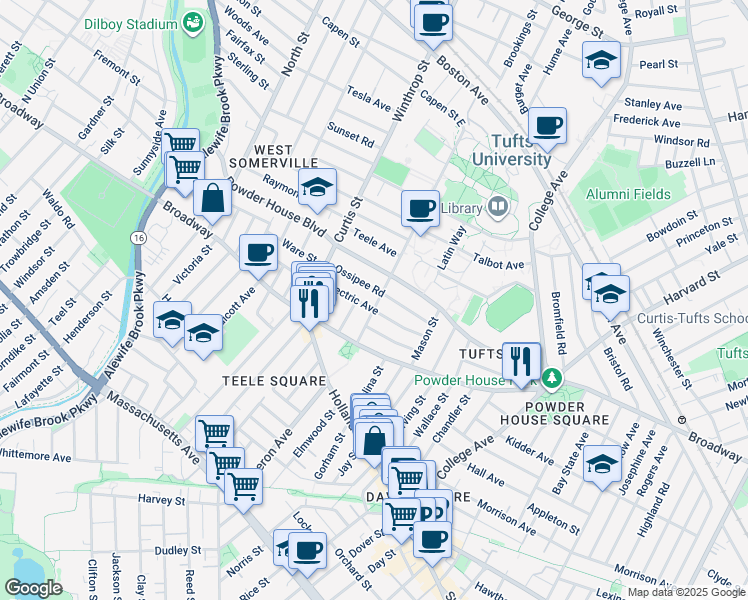 map of restaurants, bars, coffee shops, grocery stores, and more near 35 Packard Avenue in Somerville