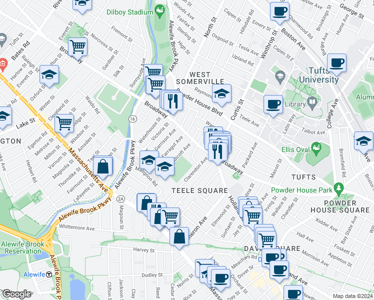 map of restaurants, bars, coffee shops, grocery stores, and more near 24 Endicott Avenue in Somerville