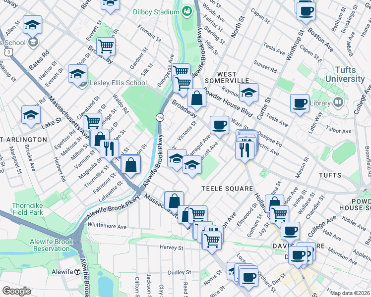 map of restaurants, bars, coffee shops, grocery stores, and more near 51 Farragut Avenue in Somerville