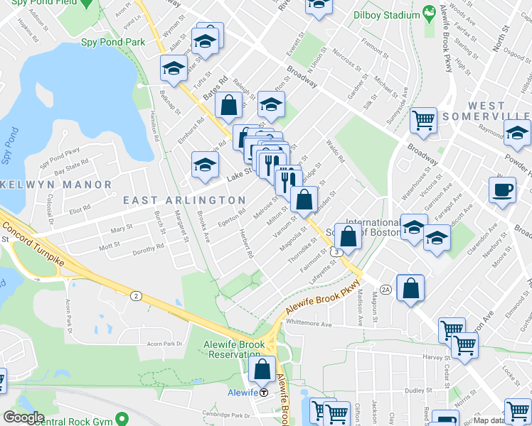 map of restaurants, bars, coffee shops, grocery stores, and more near 34-36 Melrose Street in Arlington